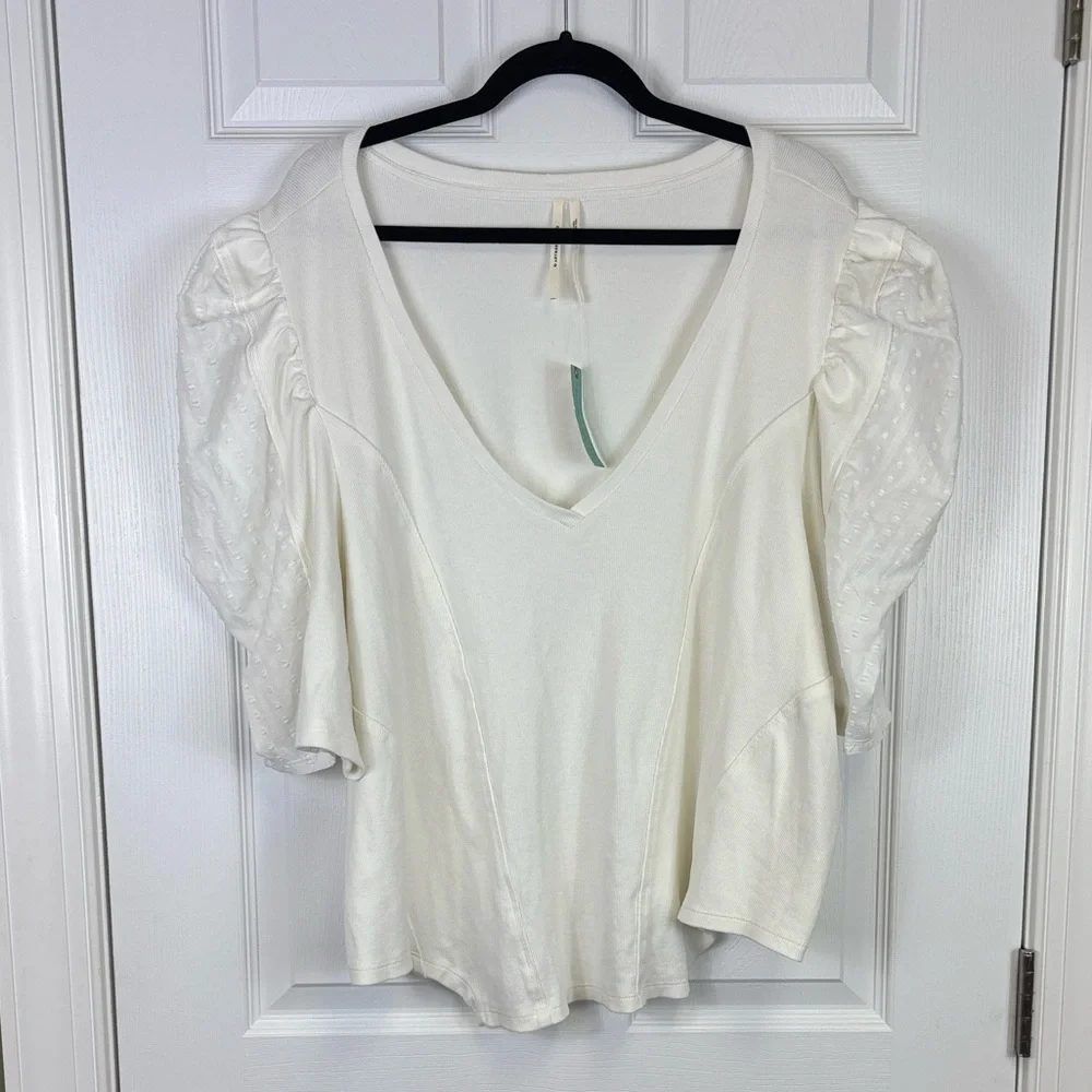 NWT By Anthropologie puff sleeve structured v neck tee sz 3X - Picture 6 of 11